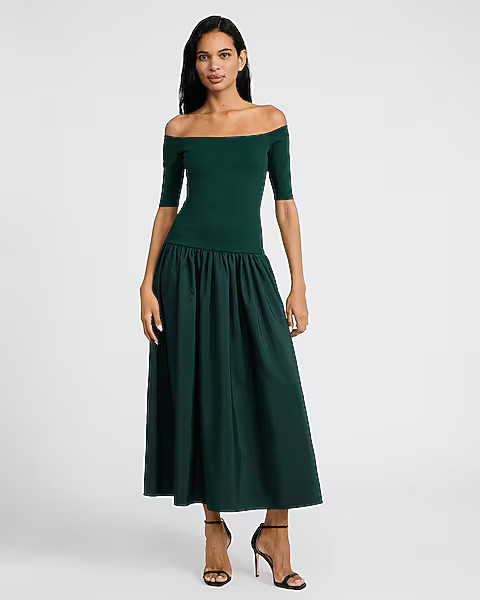 Off The Shoulder Mixed Media Drop Waist Maxi Dress with Pockets | Express