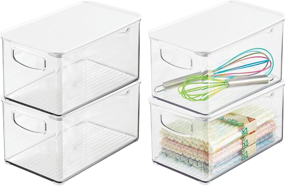 mDesign Plastic Deep Storage Bin Box Container with Lid and Built-In Handles - Organization for F... | Amazon (US)