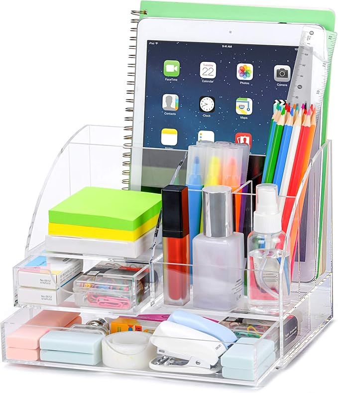 POPRUN Upgraded Acrylic Desk Organizer, All in One Office Supplies Accessories with 2 Drawers for... | Amazon (US)