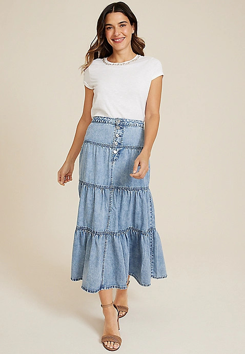 Button Fly Tiered Nonstretch Denim Maxi Skirt | Maurices