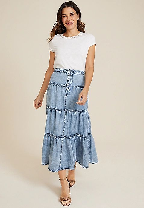 Button Fly Tiered Nonstretch Denim Maxi Skirt | Maurices