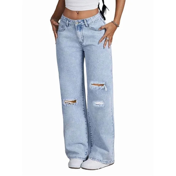 Women'S Ripped Jeans High Waisted Distressed Baggy Straight Wide Leg Pants Light Blue XL | Walmart (US)