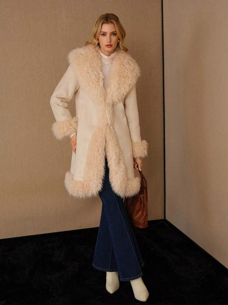 MOTF PREMIUM FAUX FUR TRIM SHAWL COLLAR SLANT POCKET COAT | SHEIN