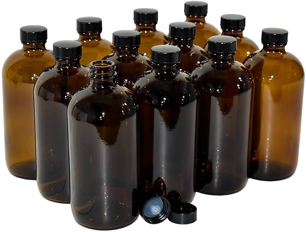 (12 Pack) GBO 16 oz. Amber Boston Round Glass with Black Poly Cone Cap | Amazon (US)