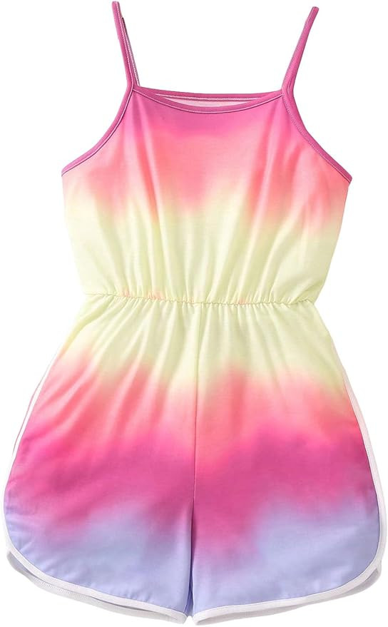 Floerns Girl's Tie Dye Colorblock Shorts Romper Spaghetti Strap Contrast Binding Jumpsuit | Amazon (US)