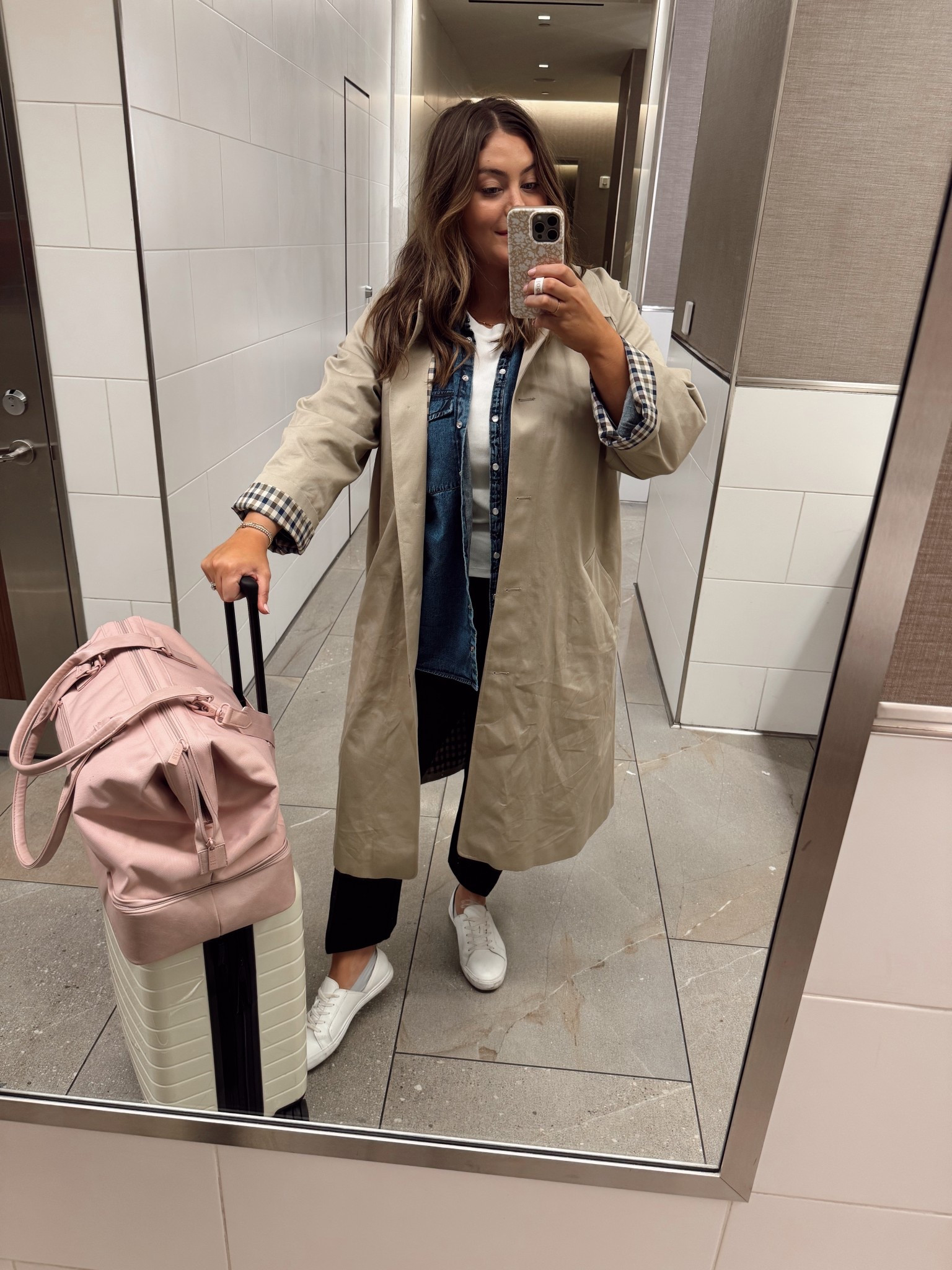 Easy & pulled together travel outfit inspo 🧥✈️ wearing size 16 in trench coat, XL in denim button down, XXL in tank, 1X in pants. 

#LTKMidsize #LTKTravel #LTKSpringSale