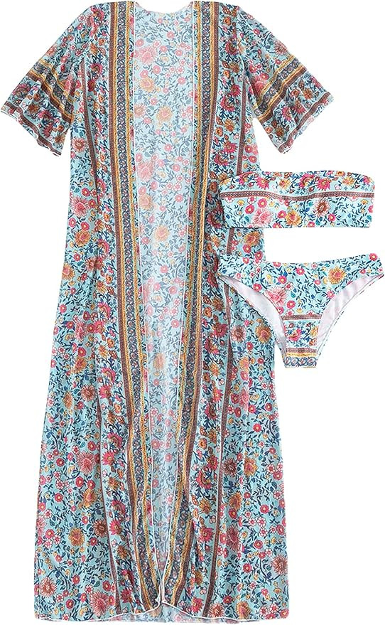 SOLY HUX Women's 3 Piece Floral Print Bandeau Bikini Sets Swimsuits Bathing Suit with Beach Kimon... | Amazon (US)