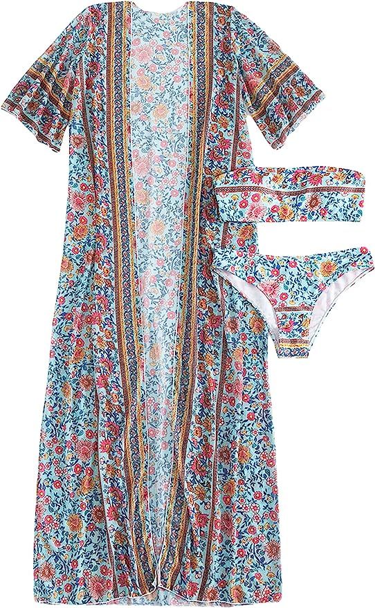 SOLY HUX Women's 3 Piece Floral Print Bandeau Bikini Sets Swimsuits Bathing Suit with Beach Kimon... | Amazon (US)