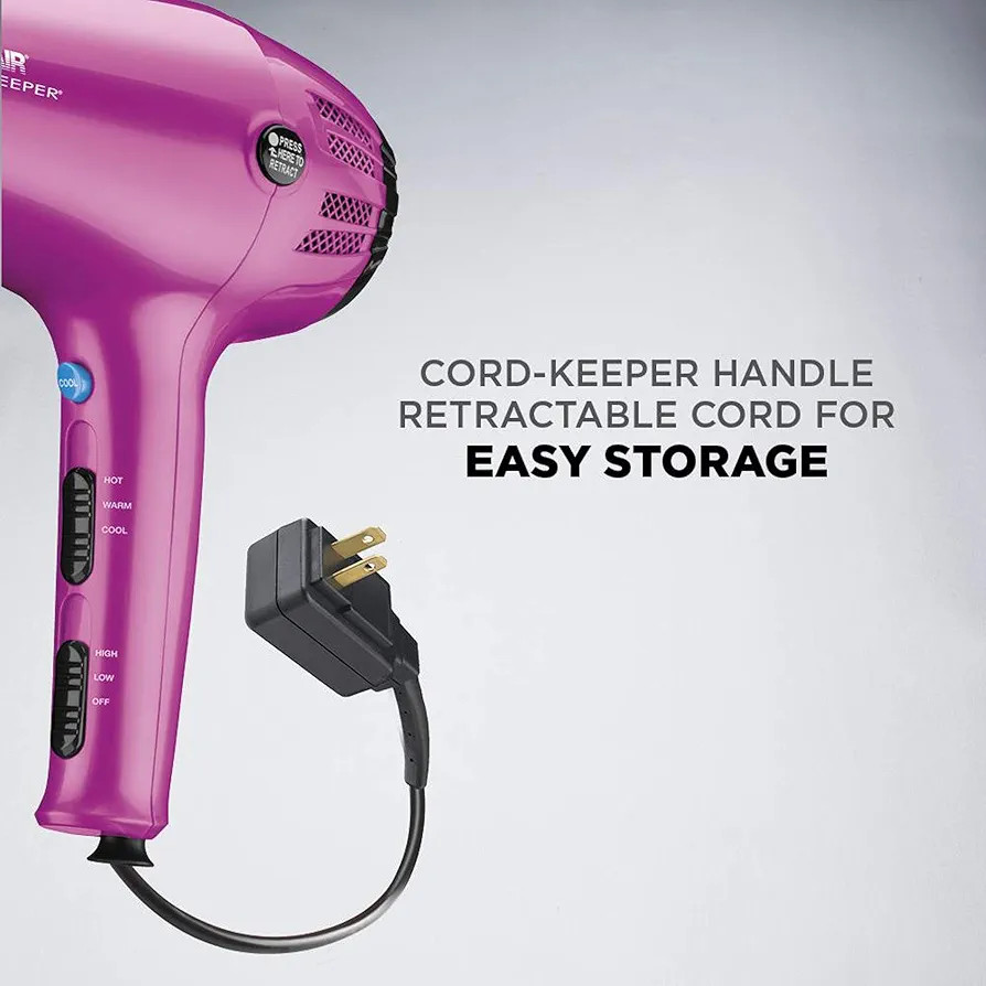 Conair Hair Dryer with Retractable Cord, 1875W Cord-Keeper Blow Dryer,Pink | Amazon (US)