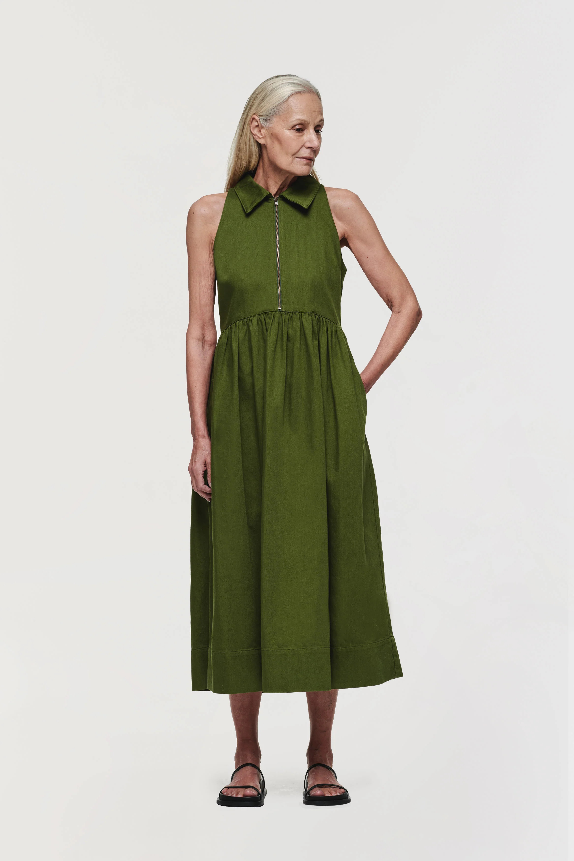 Gabi | Sleeveless Denim Halterneck Dress in Dark Green | ALIGNE | ALIGNE USA