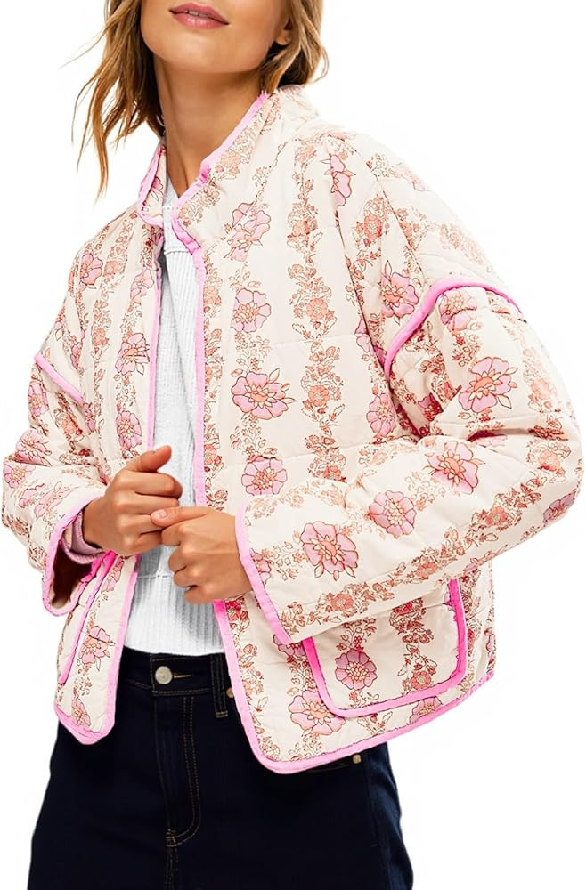 Tankaneo Womens Quilted Lightweight Jackets Floral Print Winter Coats Open Front Cardigan with Po... | Amazon (US)