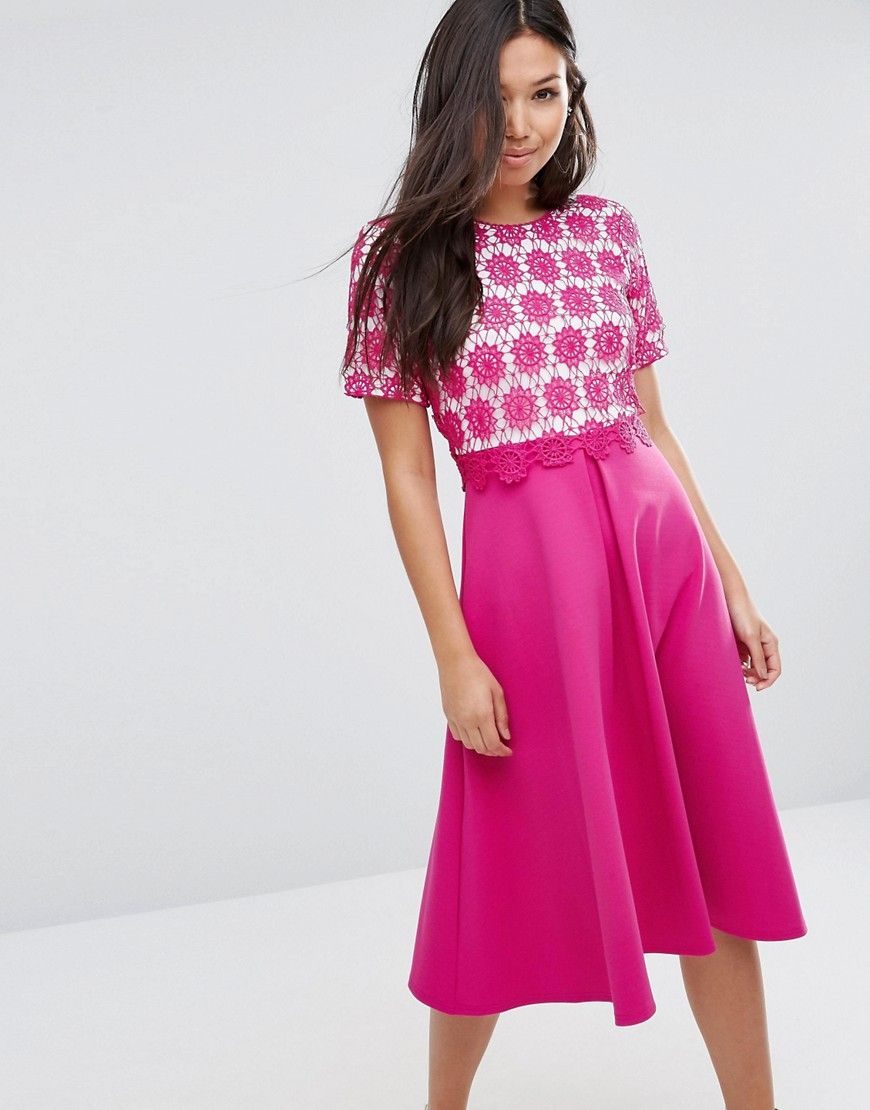 ASOS Overlay Lace Midi Dress With Scuba Skirt - Pink | ASOS US