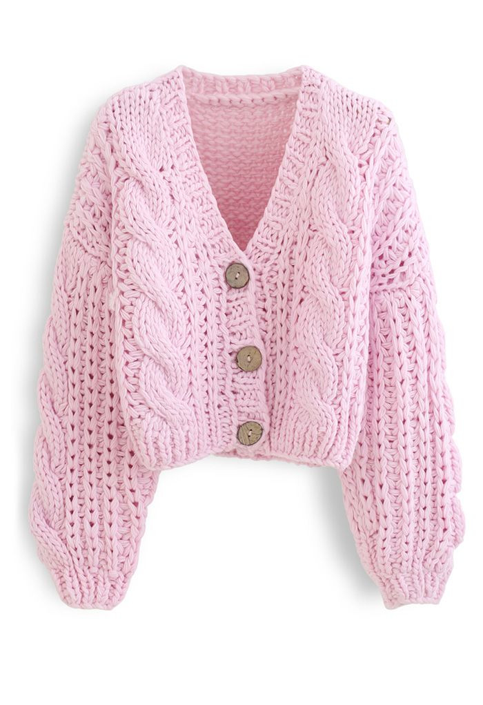 V-Neck Crop Hand-Knit Chunky Cardigan in Pink | Chicwish