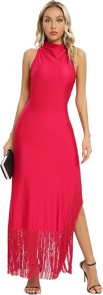 Aigeman Womens Vintage Flapper Dress 1920s Great Gatsby Halter High Neck Maxi Dress Tassels Hem H... | Amazon (US)