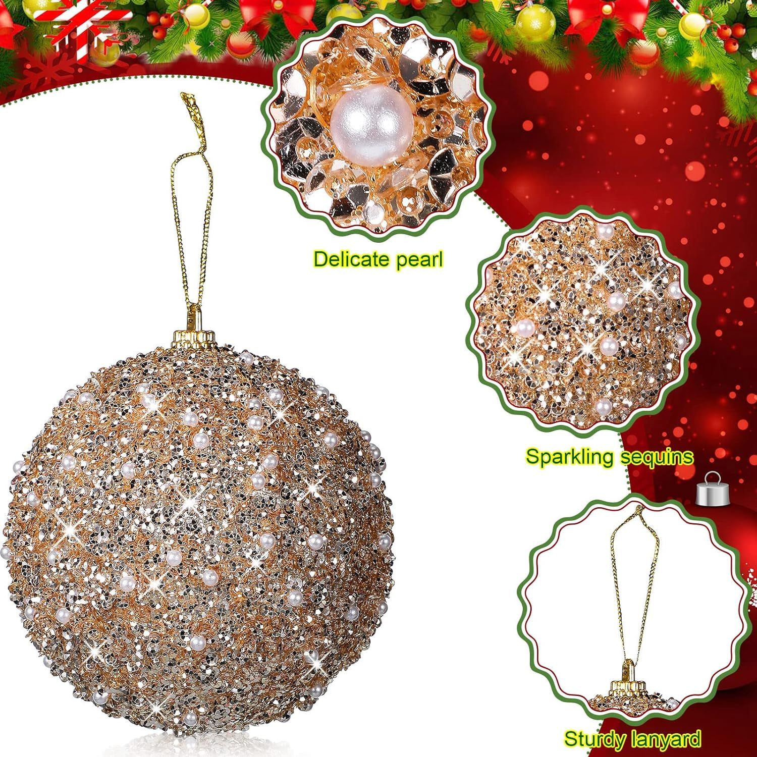 6 Pieces 4 Inch Champagne Ball Hanging Ornaments Glitter Christmas Tree Ornaments for Xmas Tree W... | Amazon (US)