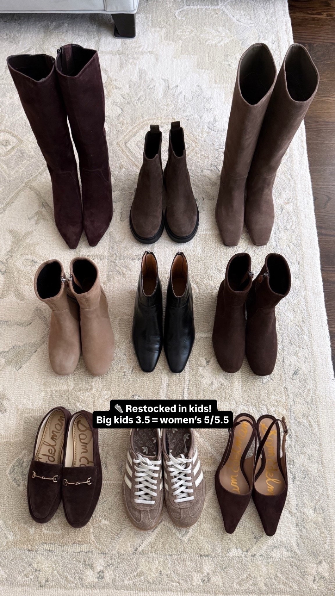 If you love these Adidas but have small feet and can’t fit the adults ( runs big), they now come in kids! 

• Adults adidas is linked under exact below, and kids is Linked under similar at 2 stores (all in stock!) 

• clockwise from top left. You can see the tall boots on me in recent ltks

1. Zipper knee high boots: Naturalizer boots 5.5, with 3 calf sizes (not to be confused with foot width on the time page!) . The narrow calf is nice and fitted on me. 

Size 5.5 narrow measures 14 to 15” high shaft height (it slopes) and 12.7” around the calves. 

2. Vince water resistant Chelsea boots sz 5

3. Pull-on knee high boots: Steve Madden boots 5.5, these are a loose calf fit on me, for wearing over jeans and pants 

Size 5.5 measures 14.5” shaft height and 14.75” around the calf. 

I ended up keeping dark brown instead of taupe for the Steve Madden boots

4. Gentle Souls ankle boots 5.5, runs a little narrow in the toe. These common several different versions that are all extremely similar and have different style names, but fit the same way.

5. Madewell dimes ankle boots 5H, runs a little narrow at the toe I wear the brown the most!

6. Loafers: Sam Edelman Loraine loafers 5.5 

7. Kitten heels: Sam Edelman Bianka heels 5.5

8. Lifestyle sneakers: Adidas handball spezial sneaker 5, runs big

Athletic sneakers: New Balance 530. Generally, add two sizes to big kid sizing in order to convert to women’s. Big kids 4 in these fits me like a womens 6

Fall shoes, petite knee high boots , ankle boots

#LTKSeasonal #LTKWorkwear