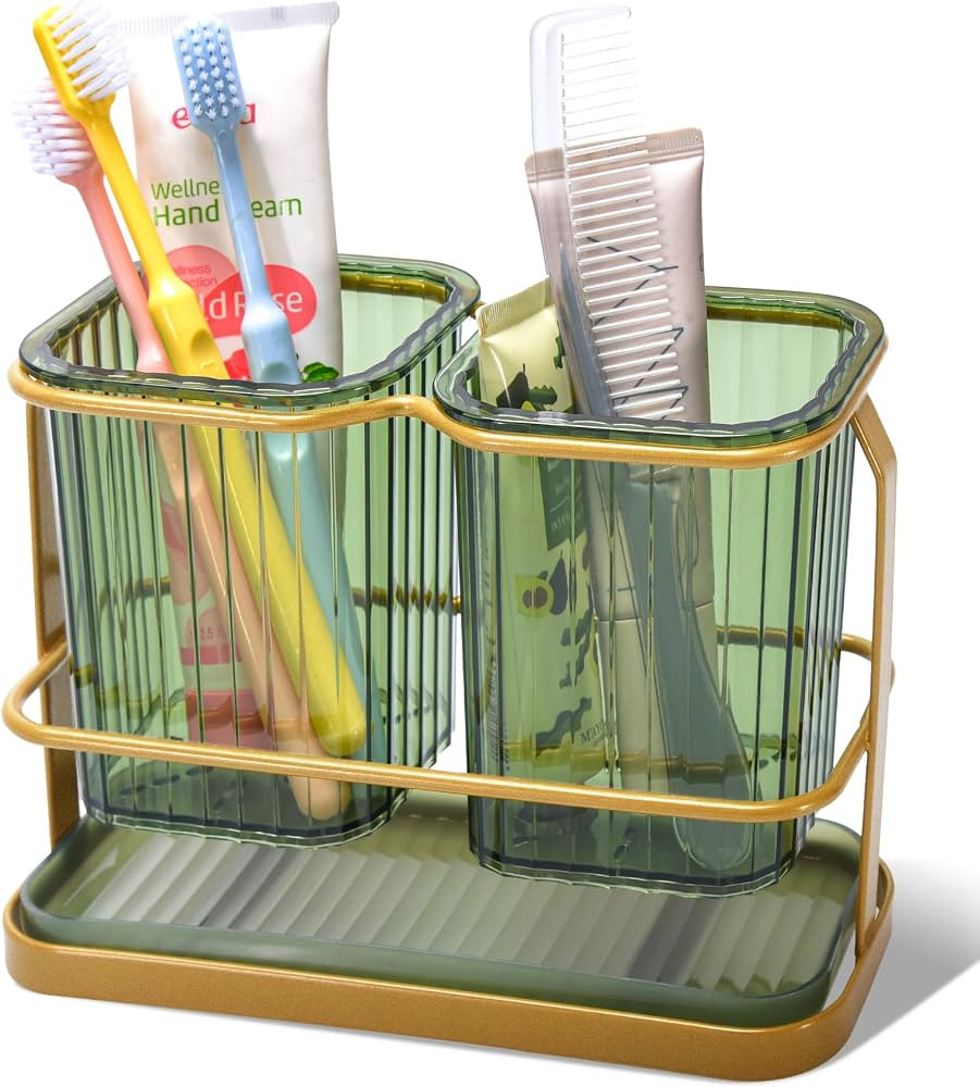 KONE Green Toothbrush Holders for Bathrooms, 2 Cups Toothbrush Holders Wall Mounted, Dry & Wet Se... | Amazon (US)