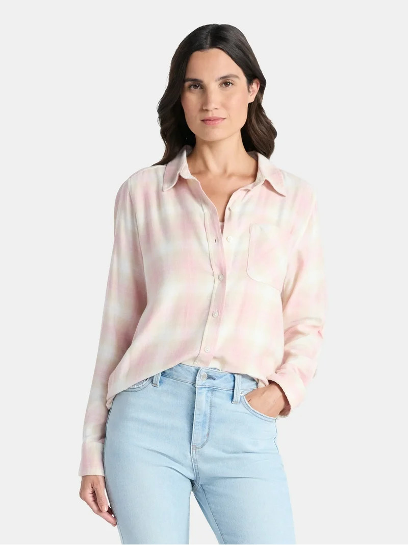 Time and Tru Women's Flannel Shirt with Long Sleeves, Sizes XS-XXXL | Walmart (US)