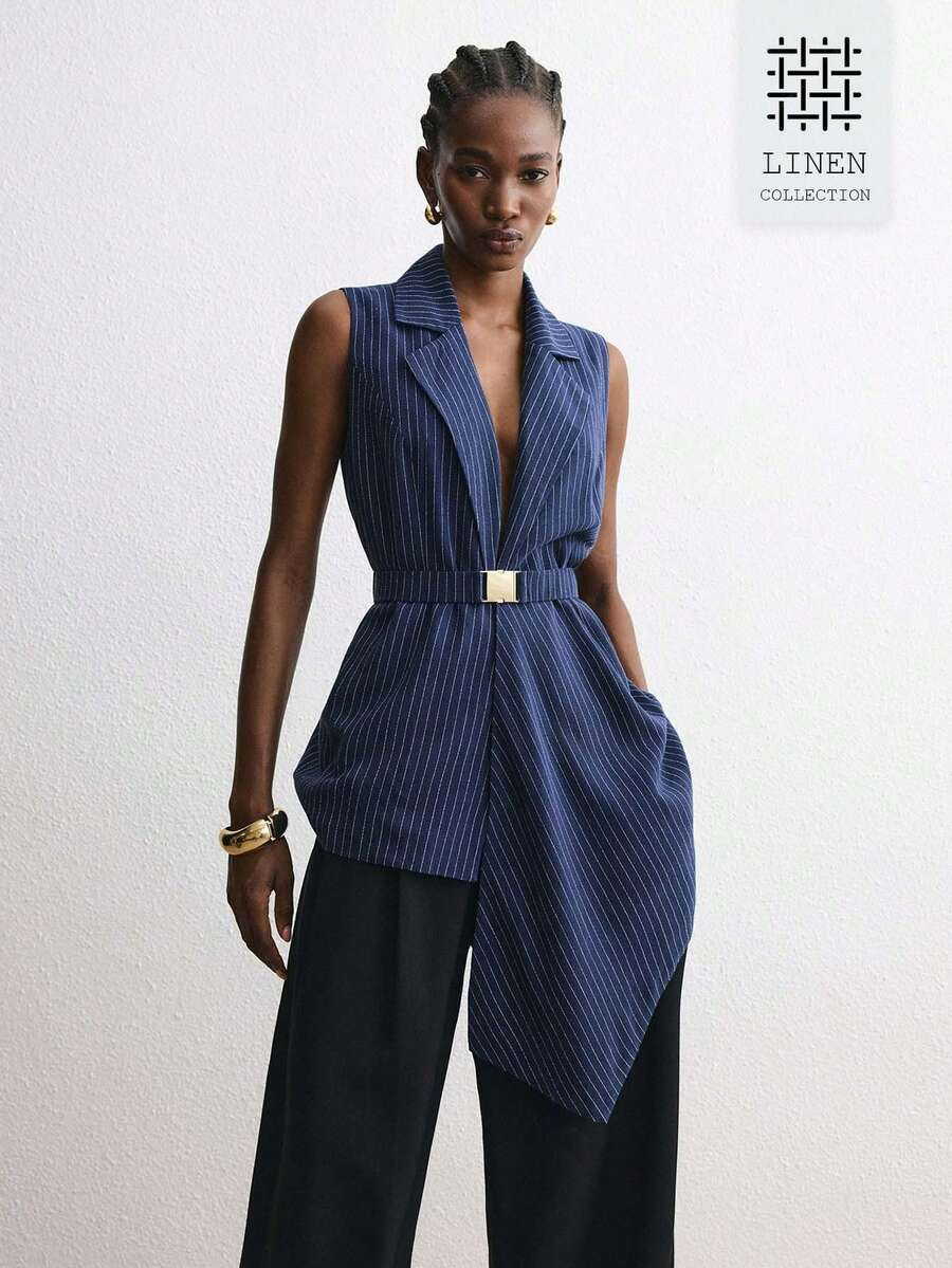ATUI Studio Women's Navy Blue And White Linen Viscose Blazer With Asymmetric Hem Lightweight Summ... | SHEIN