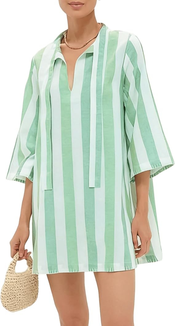 Women's Summer Striped Beach Mini Dress V-Neck 3/4 Sleeve Tunic Shift Dress Boho Casual Vacation ... | Amazon (US)