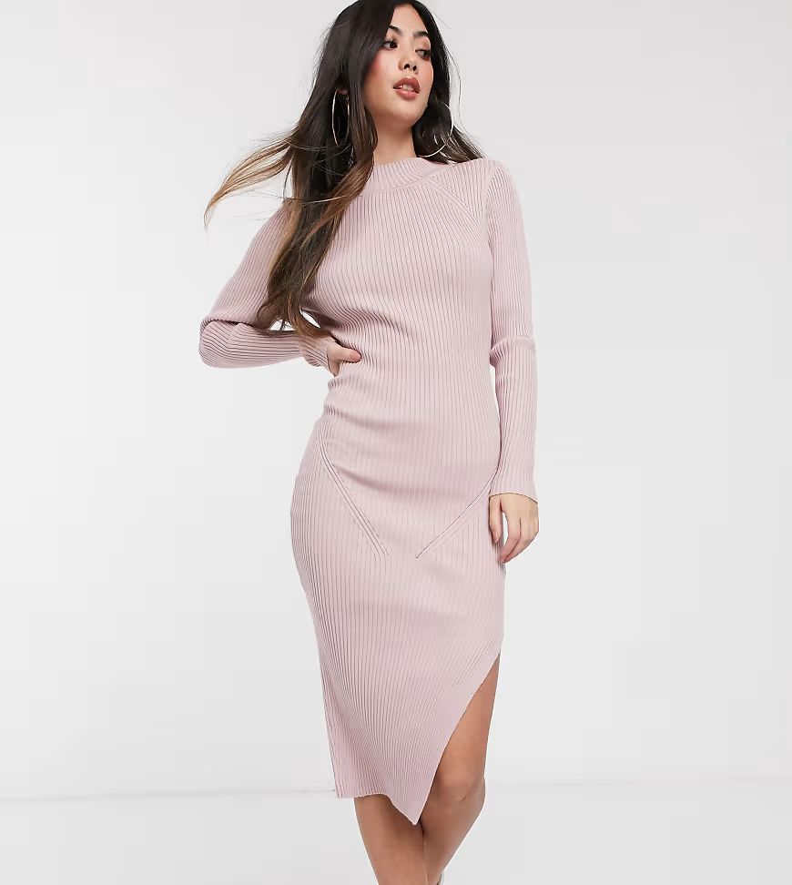 Missguided Petite knitted ribbed side split midi dress in blush-Pink | ASOS (Global)