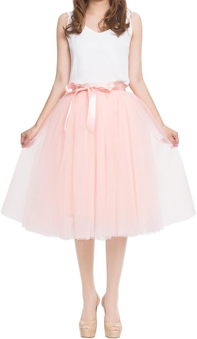 Women's Summer Fairy Knee Length Tulle Skirt Pleated Wedding Bridesmaid Sister Tutu Costume | Amazon (US)