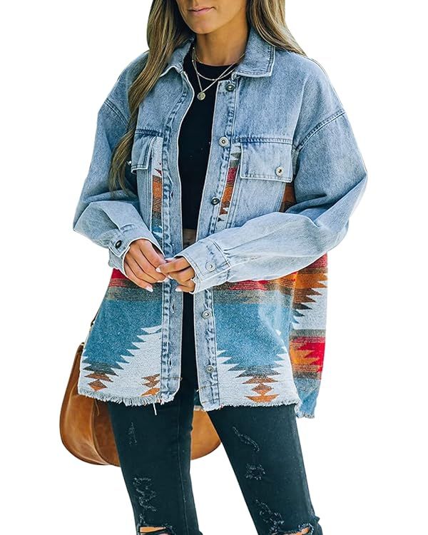 Haellun Women's Aztec Shacket Distressed Lapel Long Sleeve Button Down Jean Denim Jacket Coat | Amazon (US)