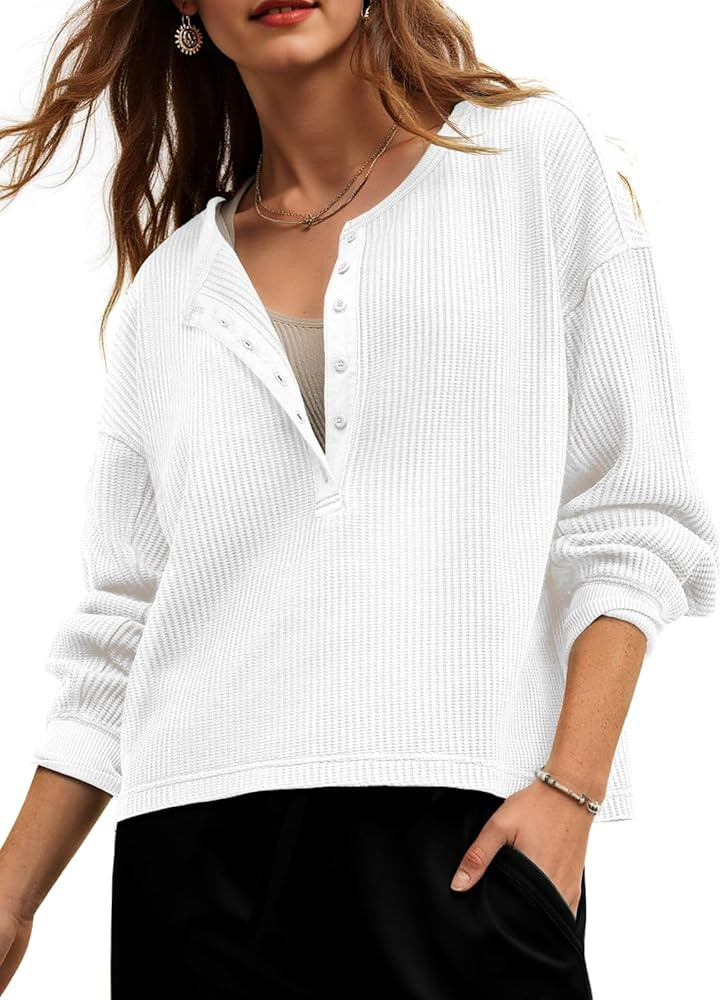 Fisoew Womens Cropped Sweatshirt Casual Waffle Knit Button V Neck Long Sleeve Loose Fit Fall Crop... | Amazon (US)