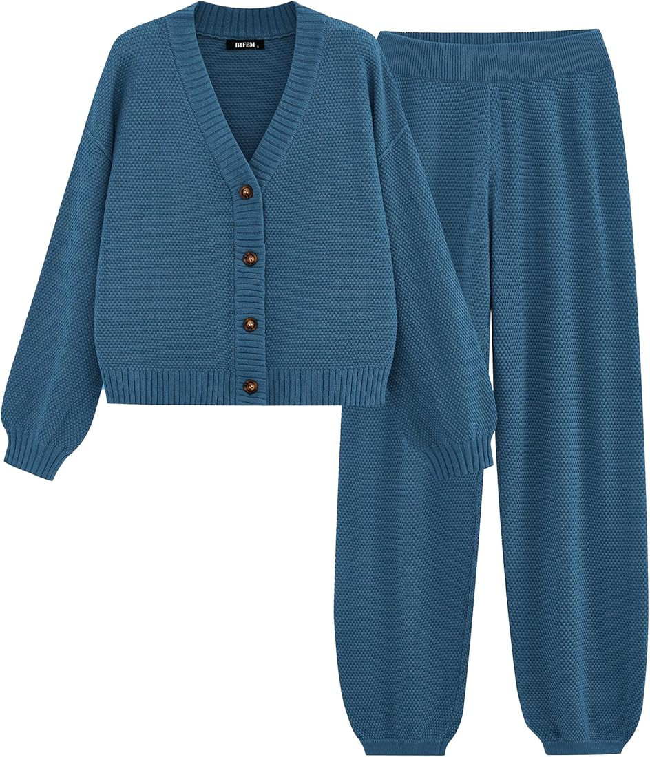 BTFBM Women 2 piece Outfits Fall Knit Sweater Sets Loose Casual Button Down Cardigan Long Pants M... | Amazon (US)