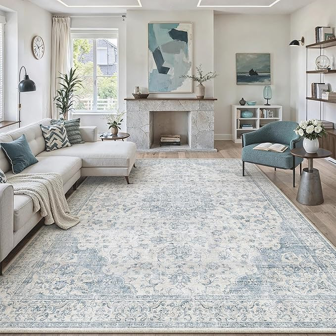 8x10 Area Rug Washable Neutral Blue Vintage Living Room Bedroom Carpet Non Slip Low Pile Soft Flo... | Amazon (US)
