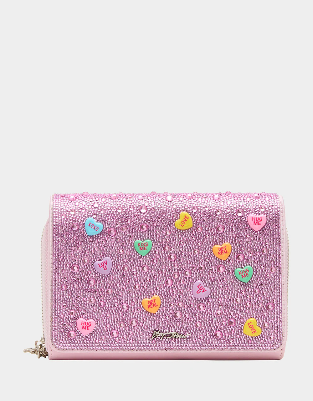CANDY HEARTS WALLET ON CHAIN PINK Women's Pink Heart Rhinestone Wallet on Chain Crossbody Handbag | Betsey Johnson