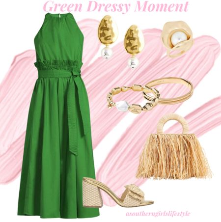 This New Green Dress! So chic & $36. The Pleated Ruffle Waist with Tie Belt. Also comes in Black! 

Paired with Hammered Gold Pearl Earrings, Nested Pearl Ring, Bangle Bracelet, Gold Pearl Bracelet, Fringe Straw Bag & Raffia Gold Bow Sandals

Scoop Women's Pleated Poplin Halter Dress . Spring Dress. Spring Outfit. 

#LTKfindsunder50 #LTKstyletip #LTKSeasonal