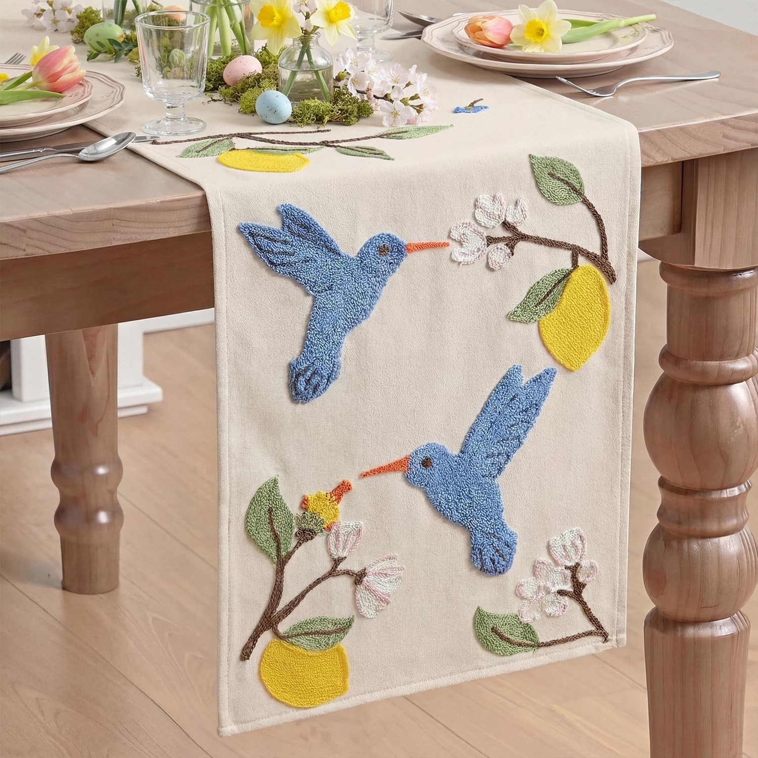 Beige Soft Chain Embroidery Flower Bird Lemon Spring Table Runner, Seasonal Summer Kitchen Dining... | Amazon (US)