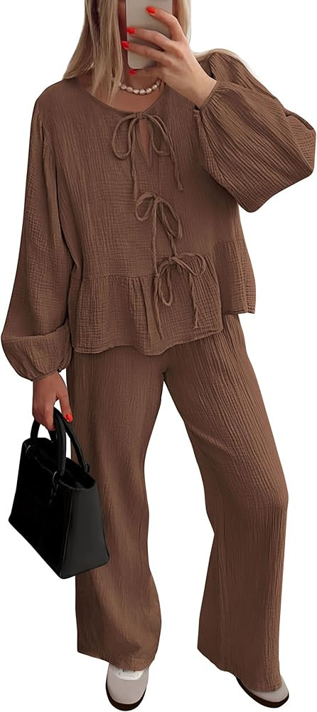 PRETTYGARDEN Womens 2024 Fall Two Piece Outfits Tie Front Long Sleeve Top Wide Leg Pant Lounge Se... | Amazon (US)