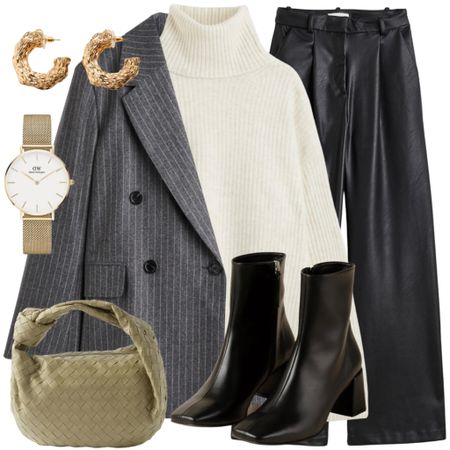 Outfit for the office or a day out 🫶🏻☁️ 
Grey striped blazer with white turtleneck jumper, leather trousers, black Alohas boots, Bottega Veneta Jodie bag, Daniel Wellington watch and gold earrings

#LTKSeasonal #LTKfit #LTKeurope