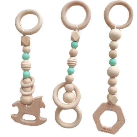 Worallymy 3PCS/Set Baby Play Gym Silicone Beads Wood Teether Toddler Hanger Rattle Wood Ring Teethin | Walmart (US)