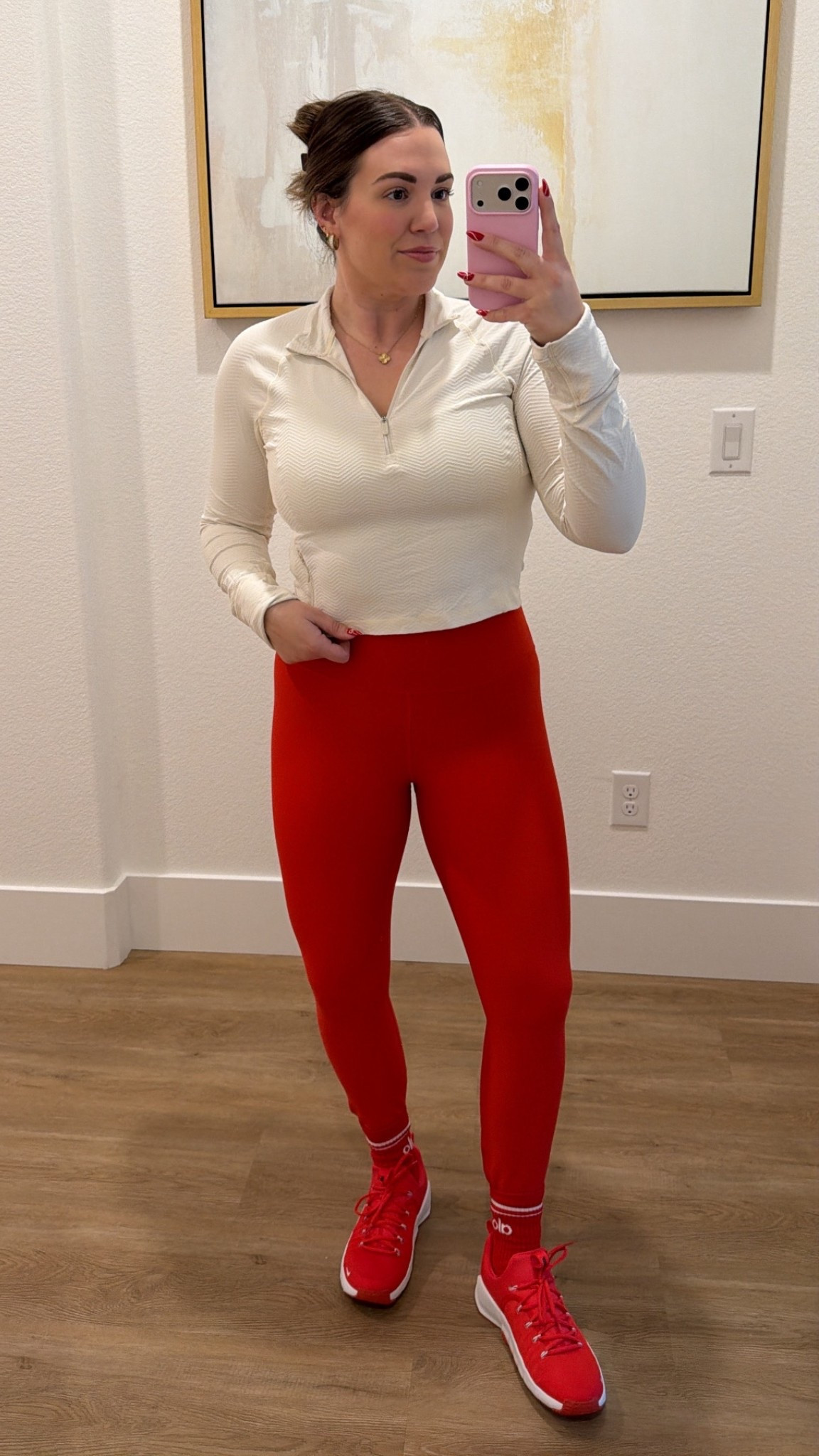 curvy midsize workout look! wearing size large in half zip top and size large in red leggings 

#LTKMidsize #LTKfitnessgoals #LTKActive
