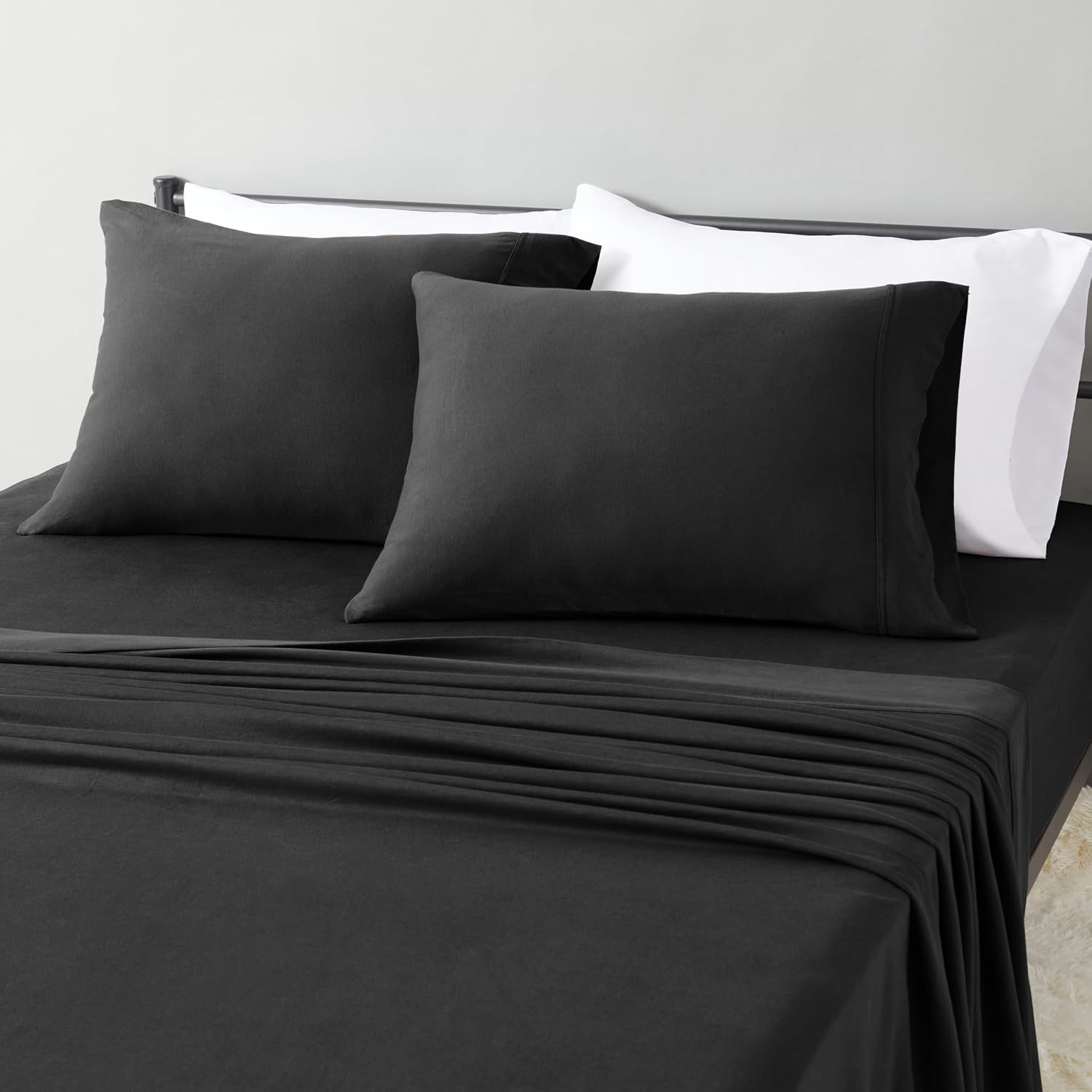 Amazon Basics 100% Cotton Jersey Bed Sheet Set, Machine Washable, All-Season, King, Black, Solid | Amazon (US)