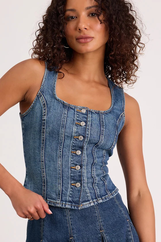 Sculpted Medium Wash Denim Vest Top | Lulus