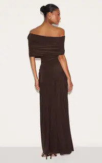 Chocolate Brown Double Layer Slinky Bardot One Shoulder Ruched Maxi Dress | PrettyLittleThing UK