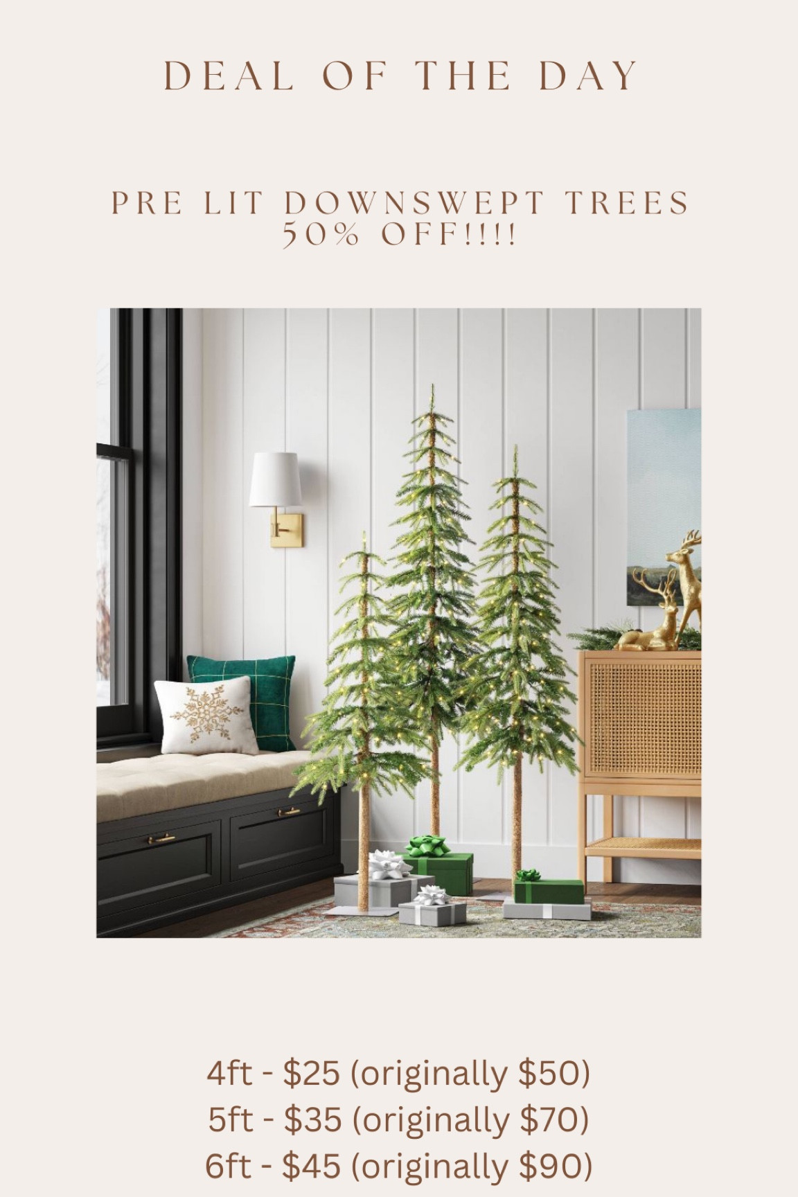 These beautiful & highly rated pre lit downswept trees are 50% off right now!!! Beautiful grouped together or one by itself next to fireplace, entryway table, front door, etc!