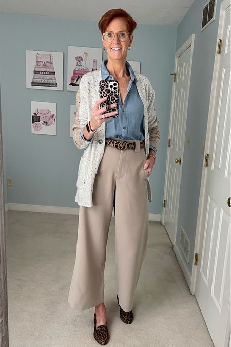 Love Fall sweaters. Cardigans are great for layering. Love my chambray shirt with my tan wide leg pants and this super soft and comfortable cardigan.

Fall sweater, fall outfits, chambray shirt, cardigan, wide leg pants, leopard shoes

#LTKstyletip