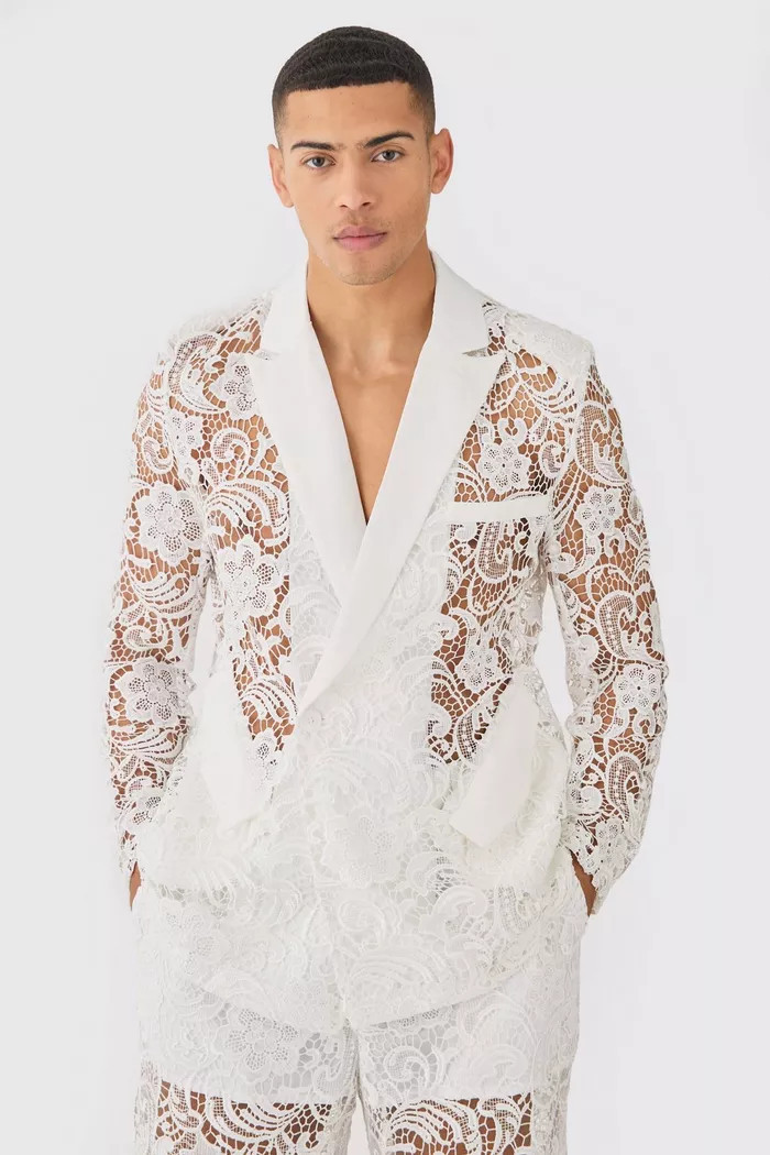 Relaxed Fit Double Breasted Lace Blazer | boohoo (US & Canada)