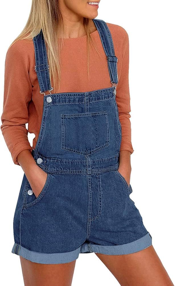 Vetinee Women's Classic Adjustable Straps Cuffed Hem Denim Bib Overalls Shorts | Amazon (US)