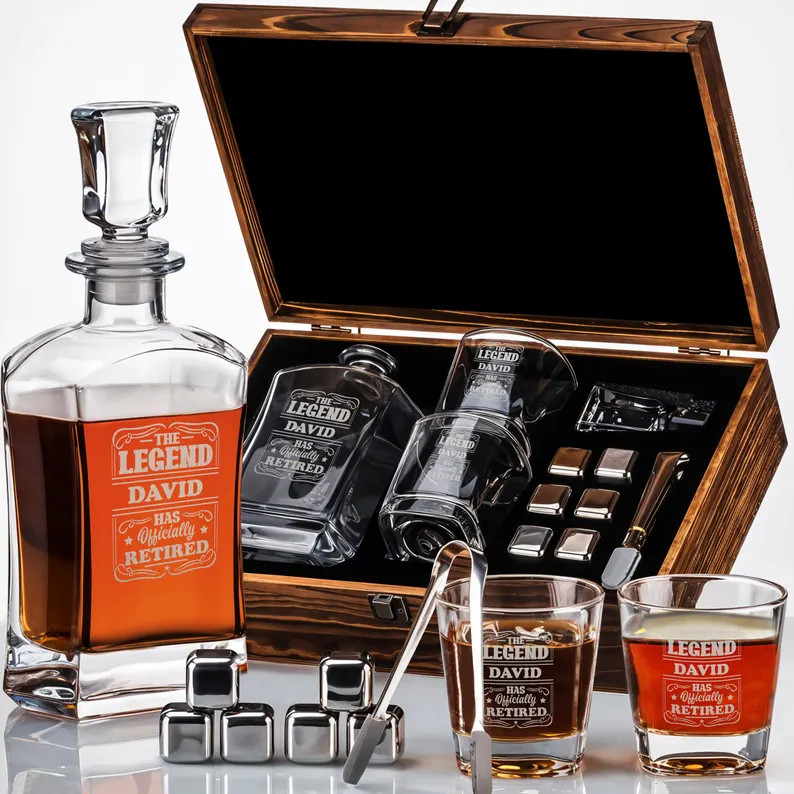 Custom Retirement The Legend Your Name Has Officially Retired Whiskey Decanter Gift Set Bourbon G... | Etsy (Global)