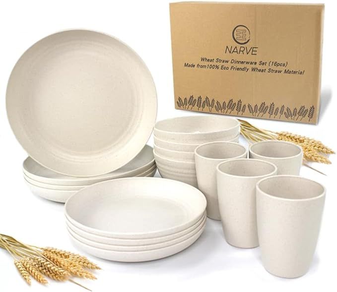 Wheat Straw Dinnerware Sets (16pcs) Beige-Unbreakable Microwave Safe-Lightweight Bowls, Cups, Pla... | Amazon (US)