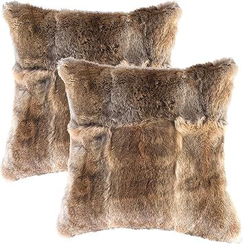 Set of 2, Natural Fur Throw Pillow Cover with Soft Poly Insert | Handcrafted Fluffy Decorative Pi... | Amazon (US)
