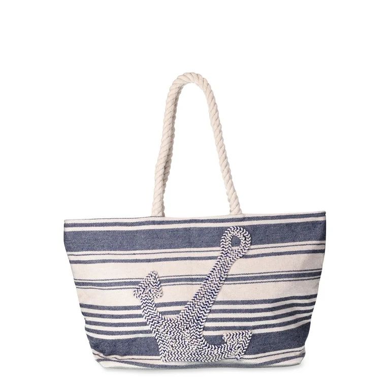 Time and Tru Women's Beach Tote with Rope Handles, Anchor/Blue | Walmart (US)