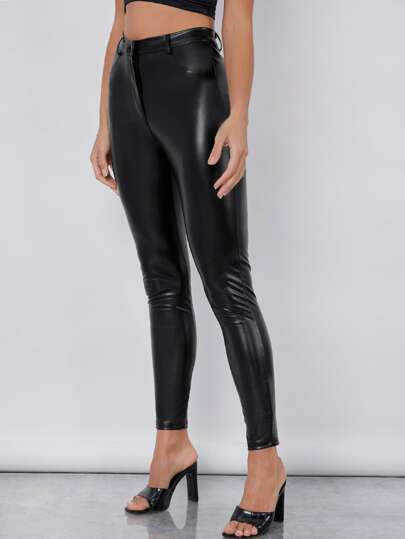 SHEIN BASICS High Waist PU Leather Skinny Pants | SHEIN