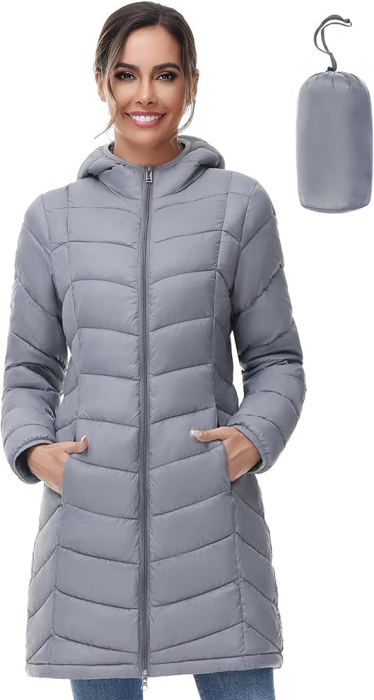 SLOW DOWN Women Lightweight Down Puffer Coat, Women Hooded Mid-Length Packable Winter Jacket with 2 Packing Bag | Amazon (US)